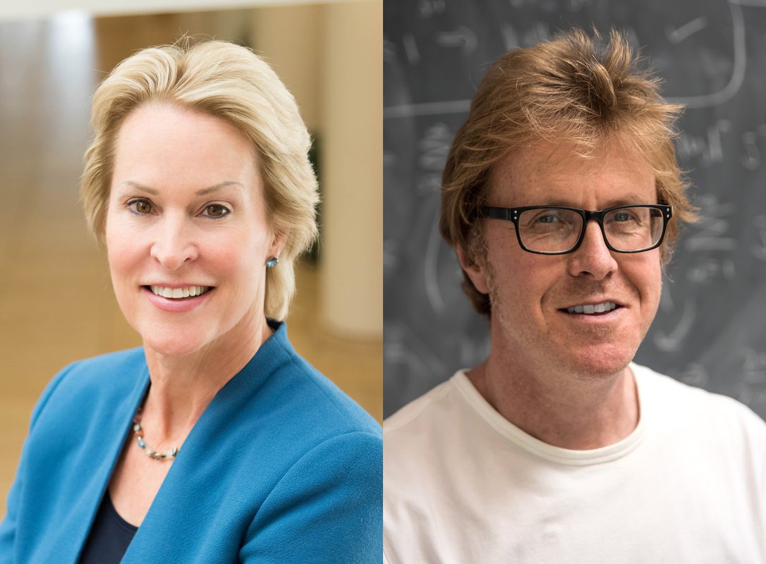 A side-by-side portrait of Frances Arnold and Andrew Stuart.