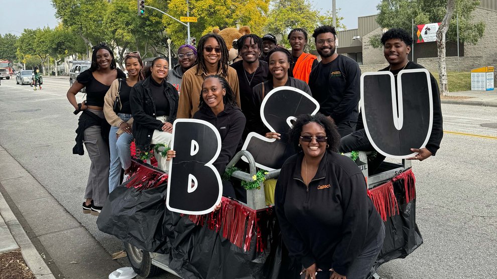 Caltech students and staff alongside their float in the Pasadena Black History Month parade