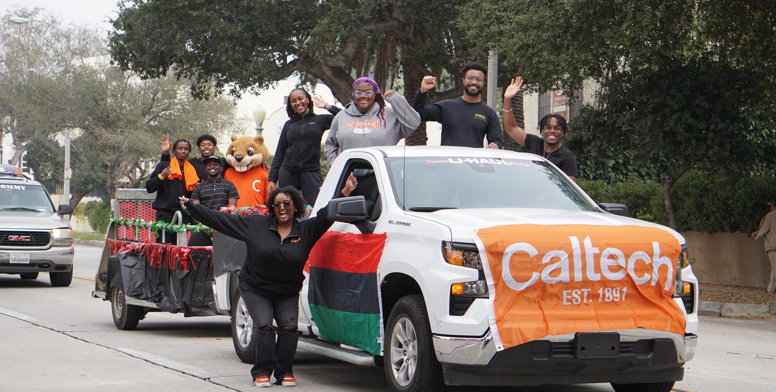 Caltech students and staff alongside their float in the Pasadena Black History Month parade