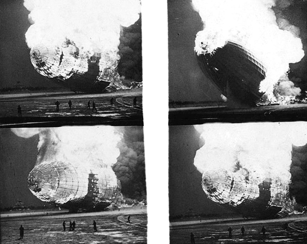 Four black-and-white images of the flames advancing as they consumed the Hindenburg.