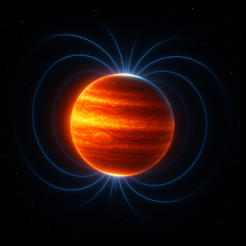 An illustration of Jupiter striped in red and orange with blue magnetic field lines arcing from its poles