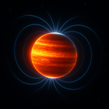 An illustration of Jupiter striped in red and orange with blue magnetic field lines arcing from its poles