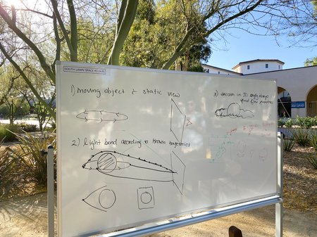 Photo of a large whiteboard with brainstorming notes about black hole imaging written out on it