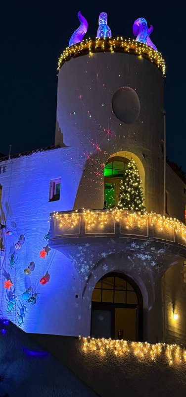 A portion of a stucco building lit with marine life-themed holiday lights