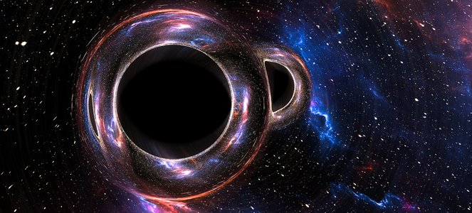 Two black circles appear to merge like bubbles with stars in the background.