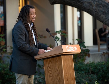 Bil Clemons, event emcee and chair of the President's Diversity Council, describes Browne's passion for education and finding the most talented students to bring to Caltech.