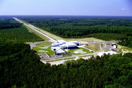 aerial photo of the LIGO facility in Livingston, Lousiana
