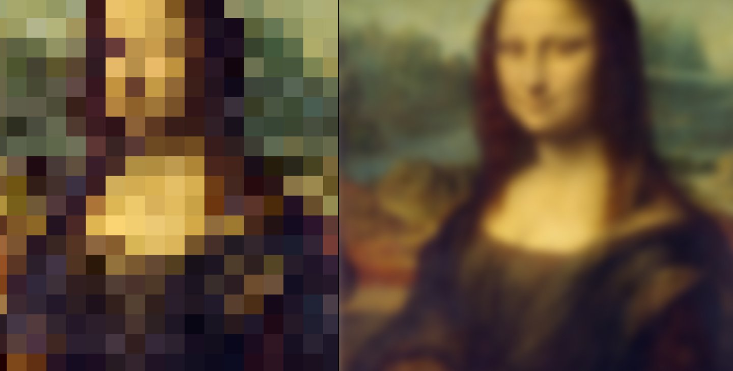 A pixelated Mona Lisa at left, and blurry one with more details at right.