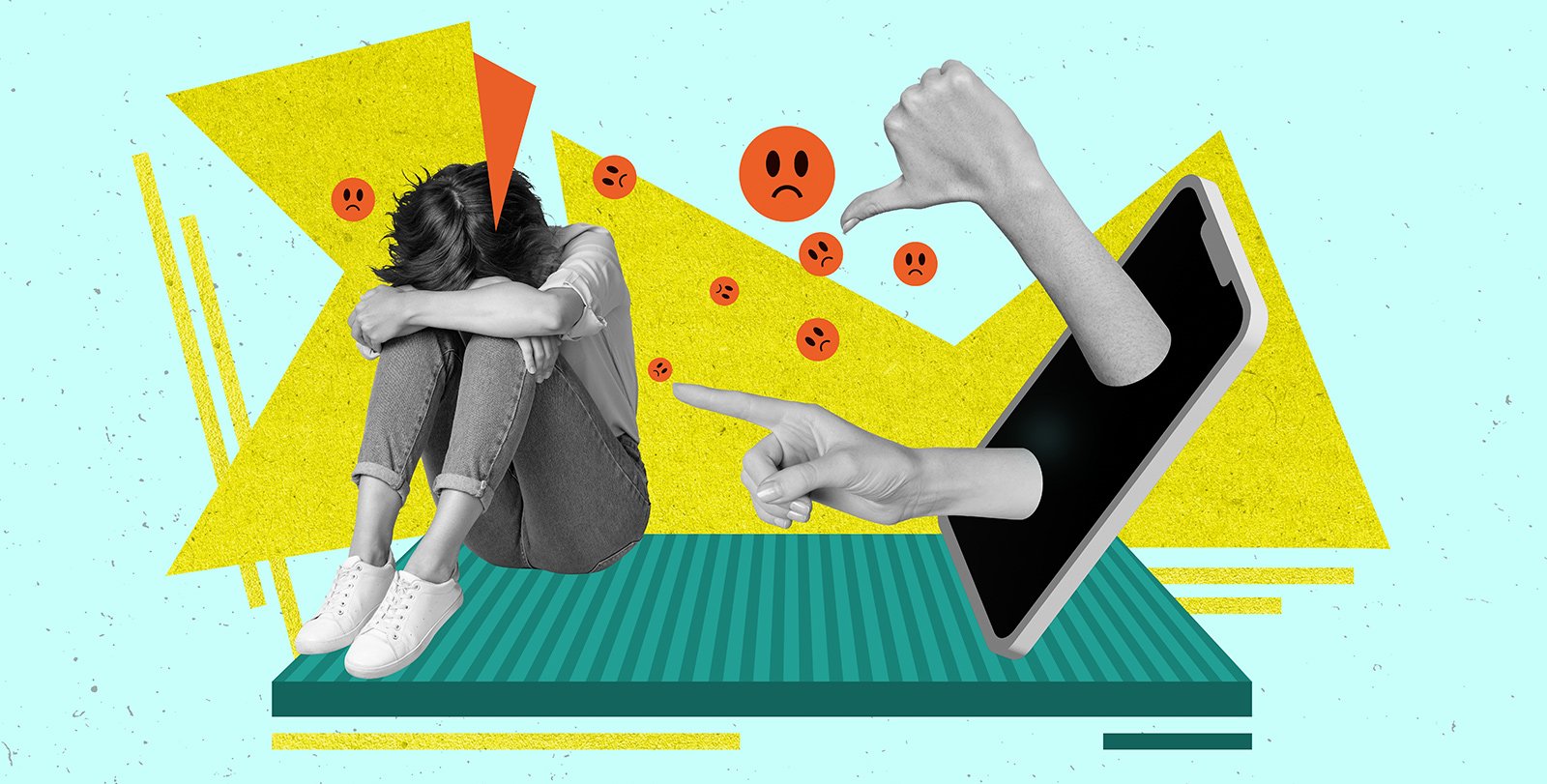collage image of a young woman with her head on her knees opposite a smartphone or tablet with large hands reaching out, making shaming gestures.