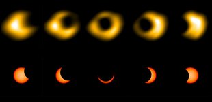 Top row: Radio images of the October 14 solar eclipse observed by OVRO-LWA show a "ring of fire" effect. Bottom row: Visible images of the partial eclipse taken at the same time. Credit: Sijie Yu/NJIT