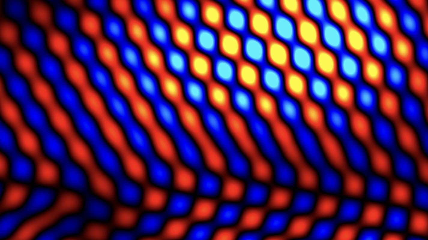 A series of alternating red and blue diagonal bulbous beams with black filling in the gaps. The upper bulbs or cells appear to be illuminated.