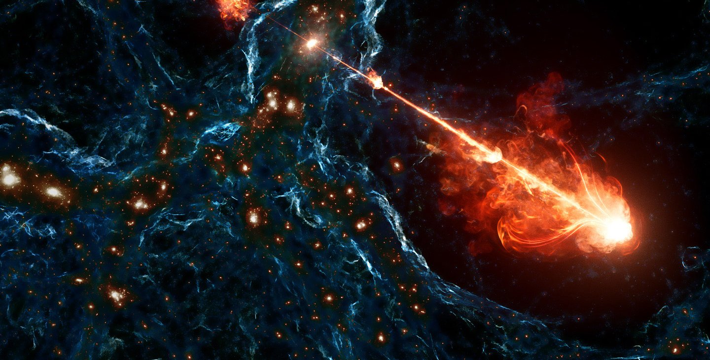 Artwork of a giant jet blasting through the filaments of the cosmic web