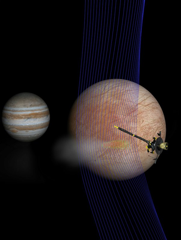 artist's illustration of Jupiter and Europa with the Galileo spacecraft