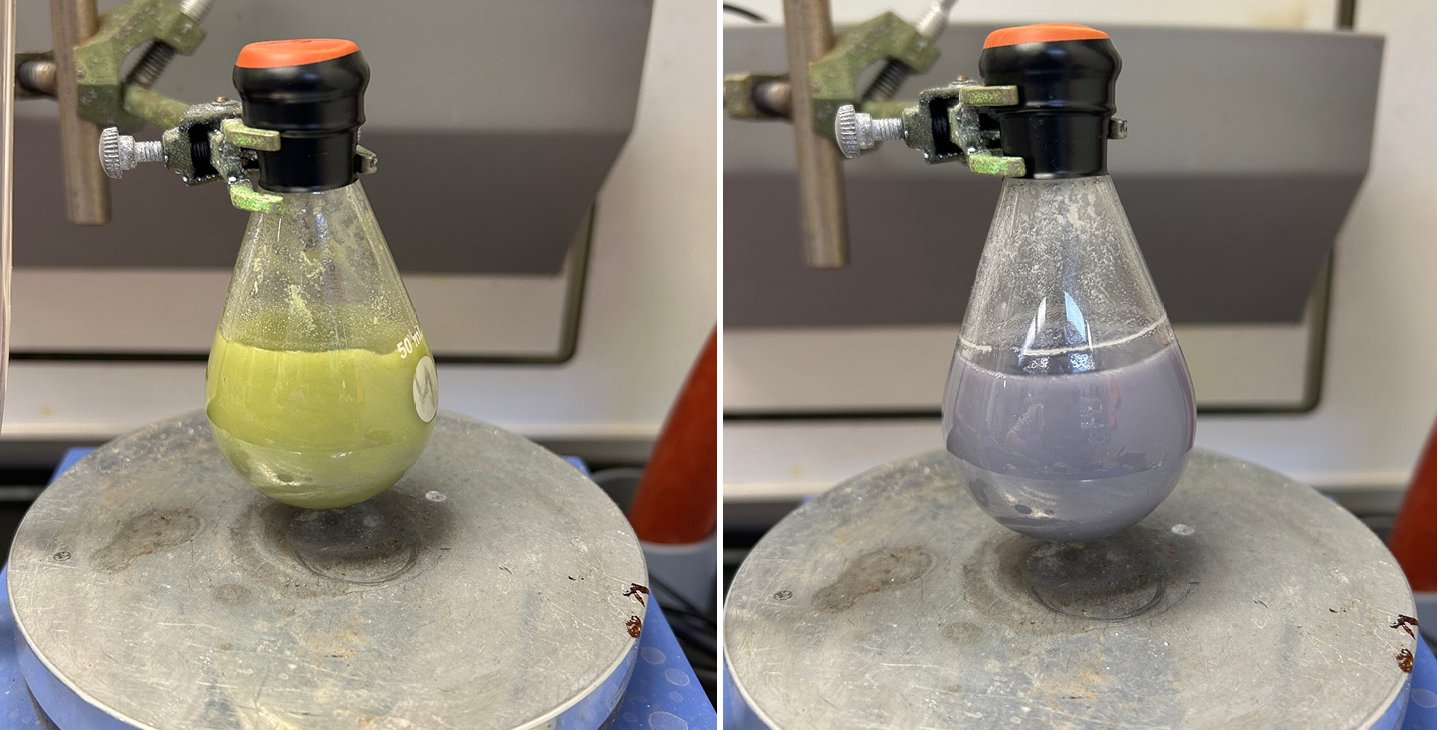 This image shows different stages of a chemical reaction with the samarium diiodide reagent. The flask on the left contains a yellow, inactive form of the compound—over time, the compound becomes active and turns purple, as seen on the right.