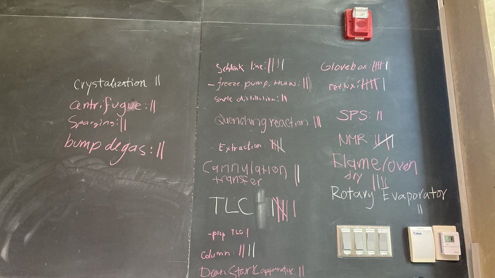 The weekly recap chalkboards displaying the students' research techniques and chemistry subjects.