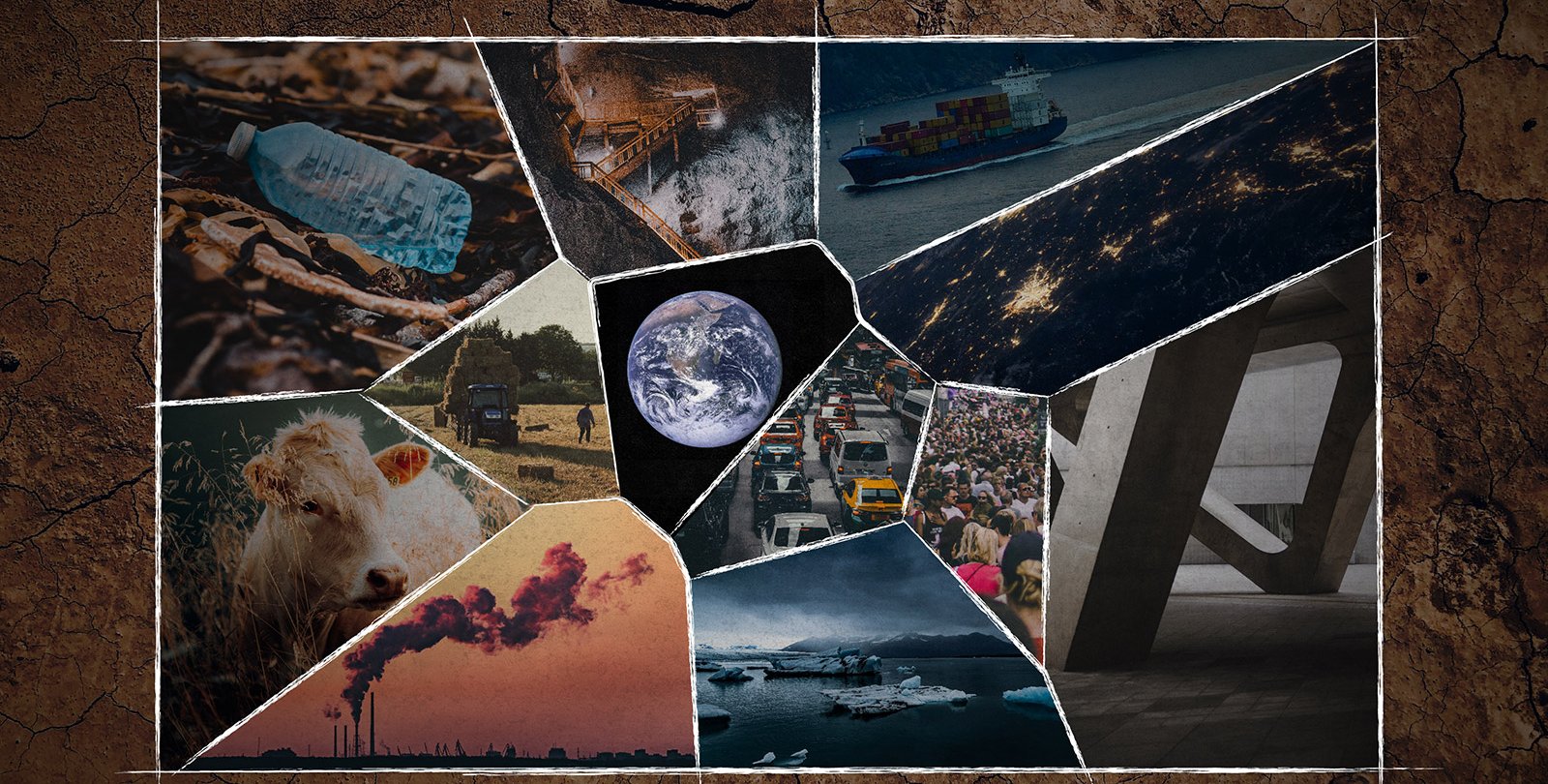 A collage of images including a container ship, a plastic bottle on soil, a cow near wheat, and a picture of the planet Earth