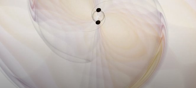 Two black dots surrounded by swirling waves.