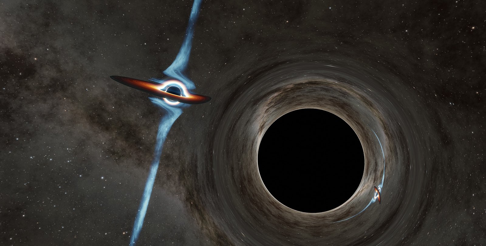 Artwork of two supermassive black holes, one of which has a powerful jet