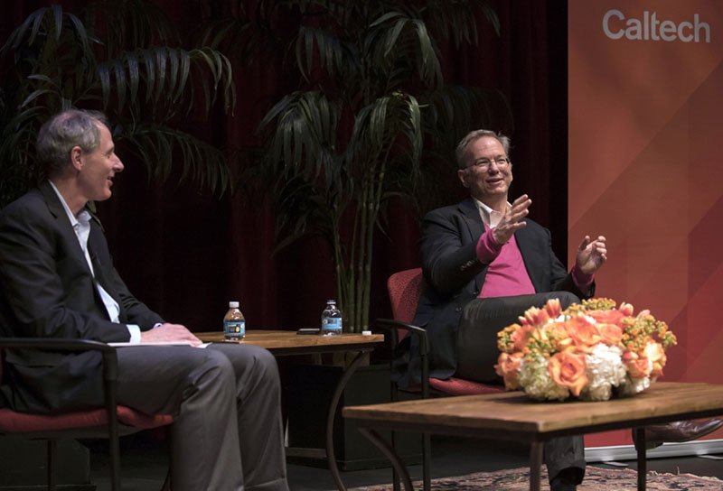 Eric Schmidt, executive chairman of Alphabet (right), speaks with Caltech President Thomas F. Rosenbaum about how rapid changes in technology will affect society.