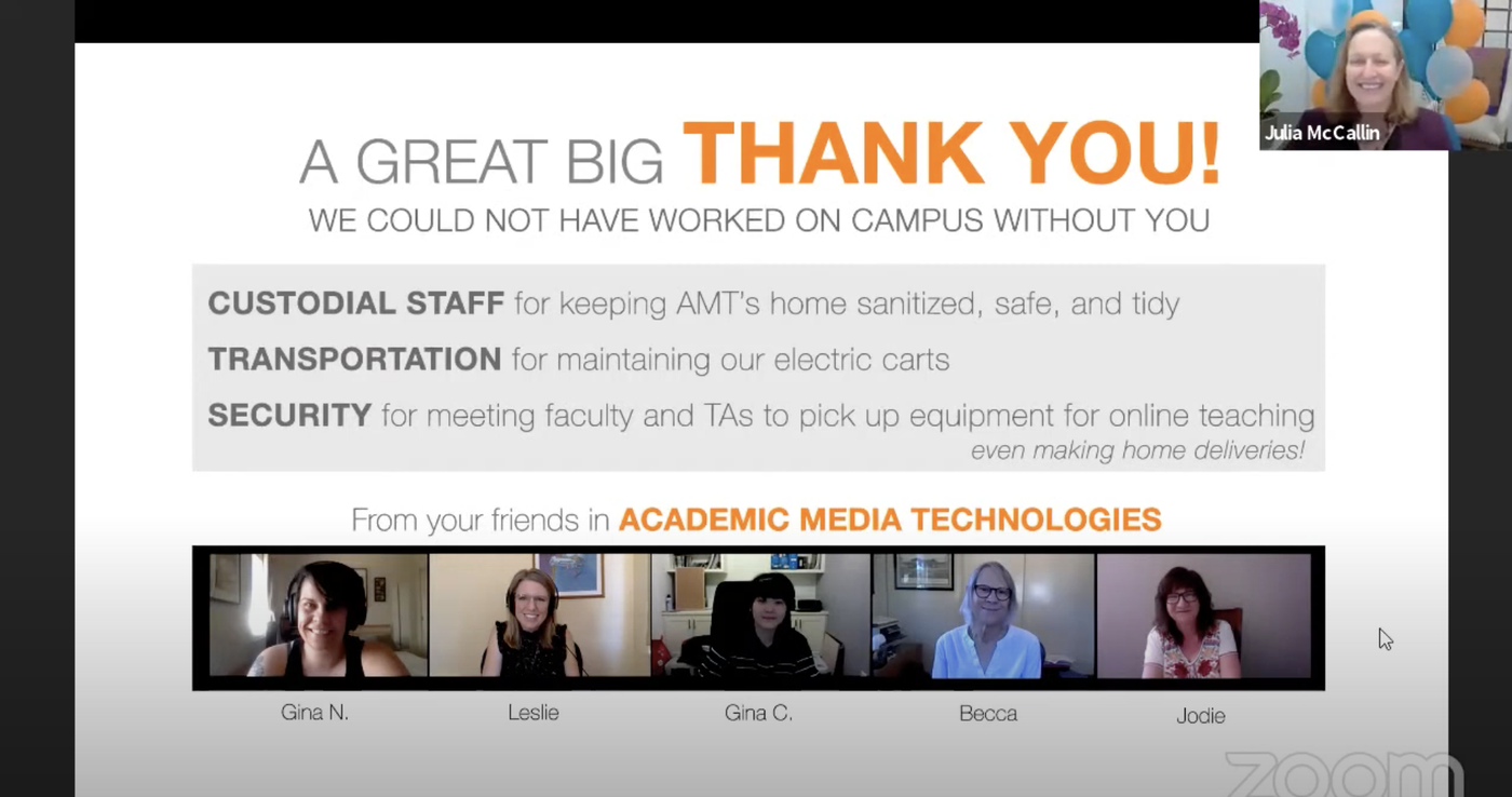 Zoom meeting shows participants under a banner thanking staff