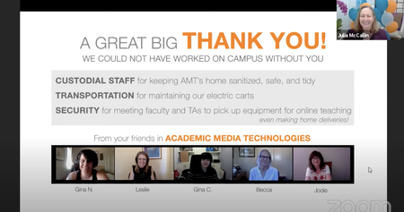 Zoom meeting shows participants under a banner thanking staff