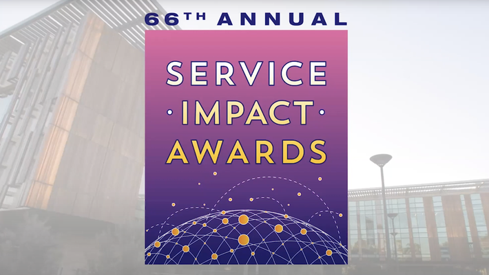 Logo of the 66th annual Service Impact Awards with campus building as background