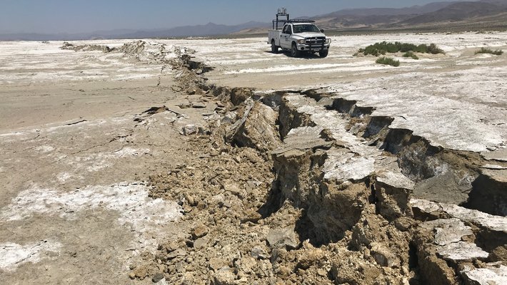 A surface rupture shows ground movement following a pair of large earthquakes that struck near Ridgecrest, CA, on July 4 and 5.