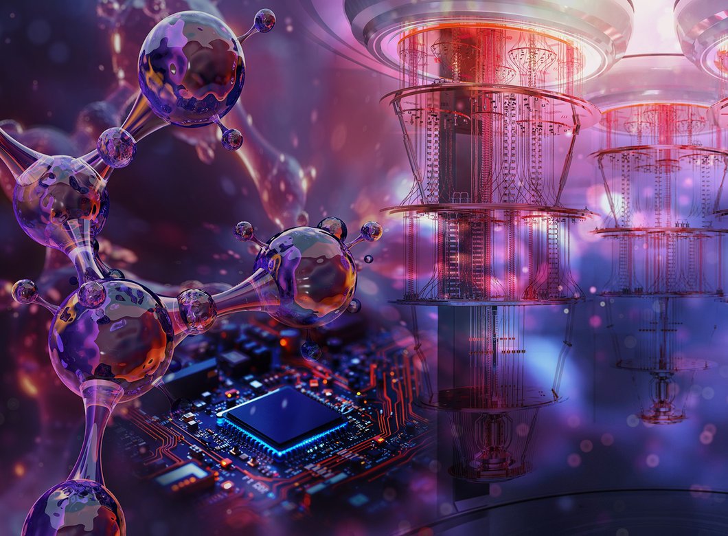 Composite image showing chemical bonds with references to quantum computing and traditional computers.
