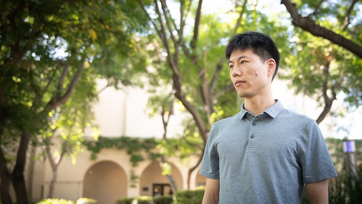 Antoine Song stands on Caltech campus