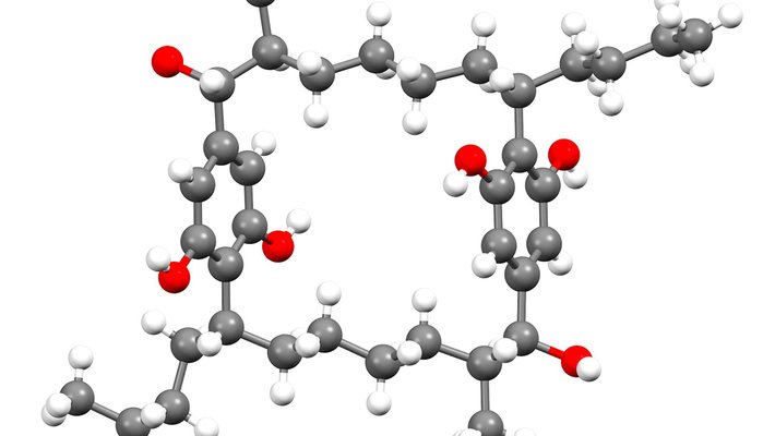 A chemical ring structure featuring gray, white, and red balls and sticks.