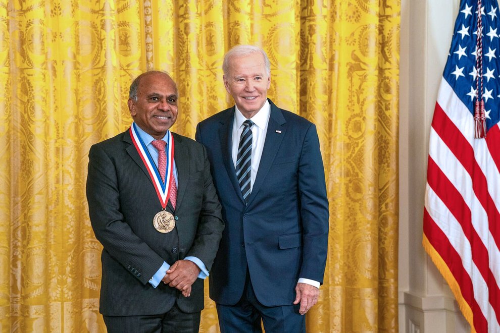 Subra Suresh accepts a 2023 National Medal of Science from President Joe Biden
