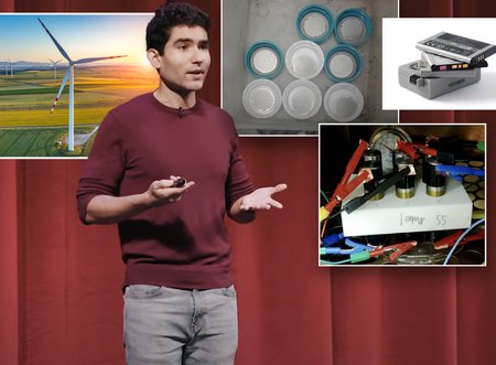 A composite image showing graduate student Fernando Villafuerte, standing in front of a red curtain. Around him are images of wind turbines and batteries.