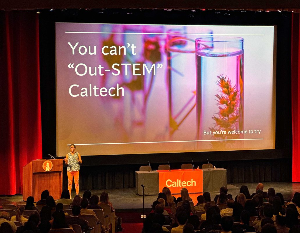 Ashley Pallie, executive director of undergraduate admissions and chief admissions officer, presents to a group of students and guests at WiSTEM 2023
