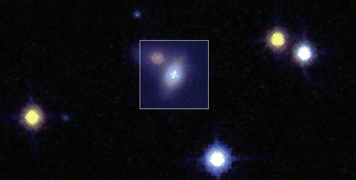 The four, duplicated images of SN Zwicky are seen here, observed at the highest possible resolution with the W.M. Keck Observatory. The surroundings are observed at a lower resolution.