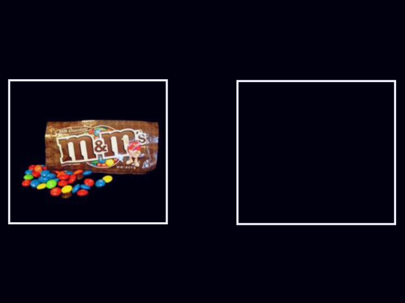 two boxes on a computer screen, one showing a package of m&ms, the other showing nothing