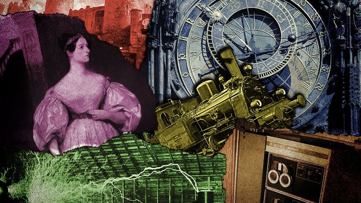 A colorful collage showing bits from the history of science and technology, including a portrait of Ada Lovelace, a castle, a steam locomotive, Nikola Tesla, and a PDP-7 computer 
