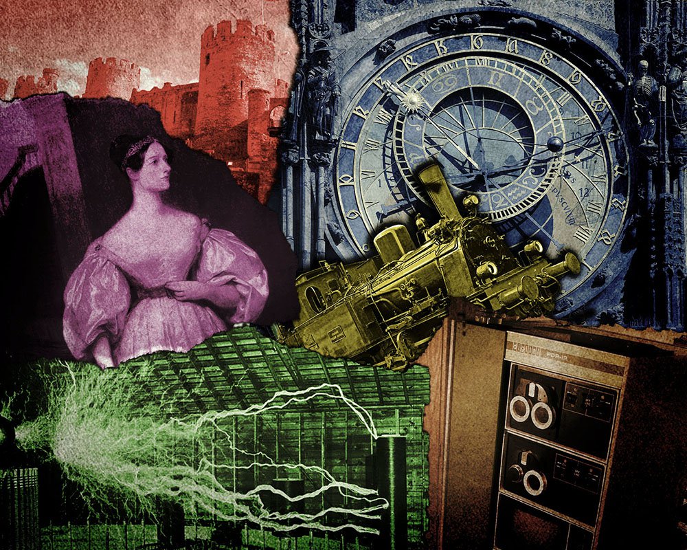 A colorful collage showing bits from the history of science and technology, including a portrait of Ada Lovelace, a castle, a steam locomotive, Nikola Tesla, and a PDP-7 computer 
