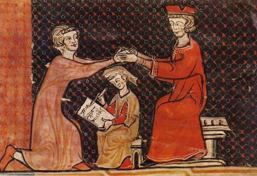 A medieval illustration of a man paying homage to a lord.