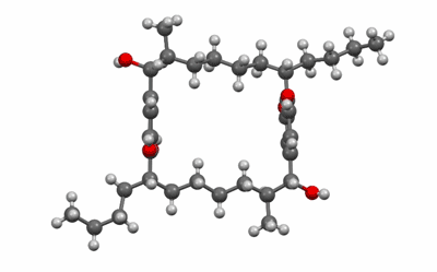 A chemical ring structure featuring gray, white, and red balls and sticks.