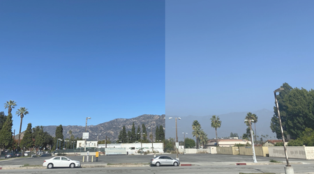 Two images of the San Gabriel mountains taken from the same location. The left image features a clear blue sky while the right is hazy.