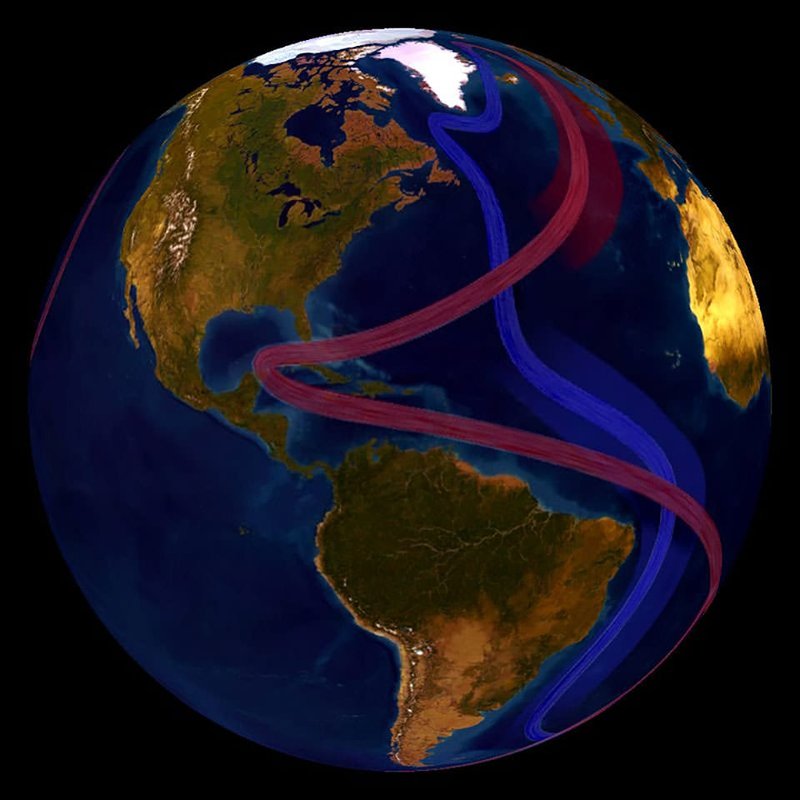 Illustration of the Atlantic ocean with a red and blue stripe running across