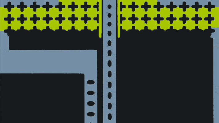 A false-colored SEM image of an integrated silicon electro-optomechanical resonator looks like a series of + symbols with dots traveling down a straight gray path through a largely black area.