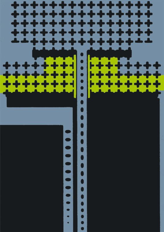 A false-colored SEM image of an integrated silicon electro-optomechanical resonator looks like a series of + symbols with dots traveling down a straight gray path through a largely black area.