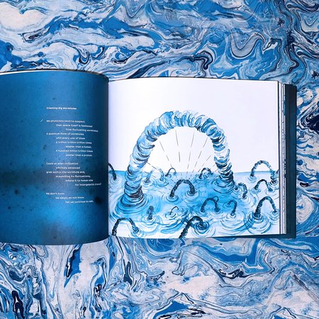 two-page spread from a book: one page describes wormholes in verse; the other is a painting of what wormholes might look like